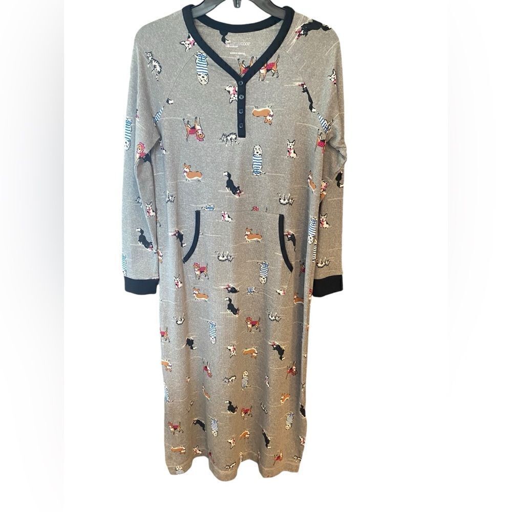 Comfort Code Sz XS Gray Puppy Dog Print Henley MIDI Cozy Sleep Pajama Shirt